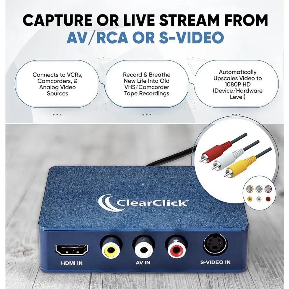 ClearClick Video2USB 1080P USB-C Video Capture Device HDMI RCA S-Video VHS VCR